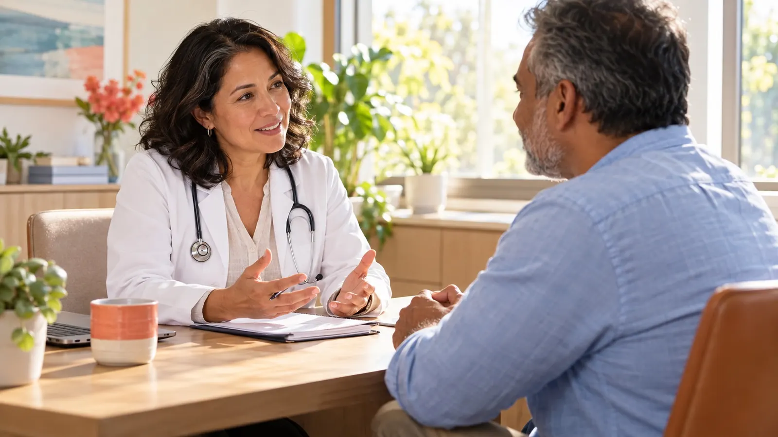 Illustrative clinician listening during a consultation