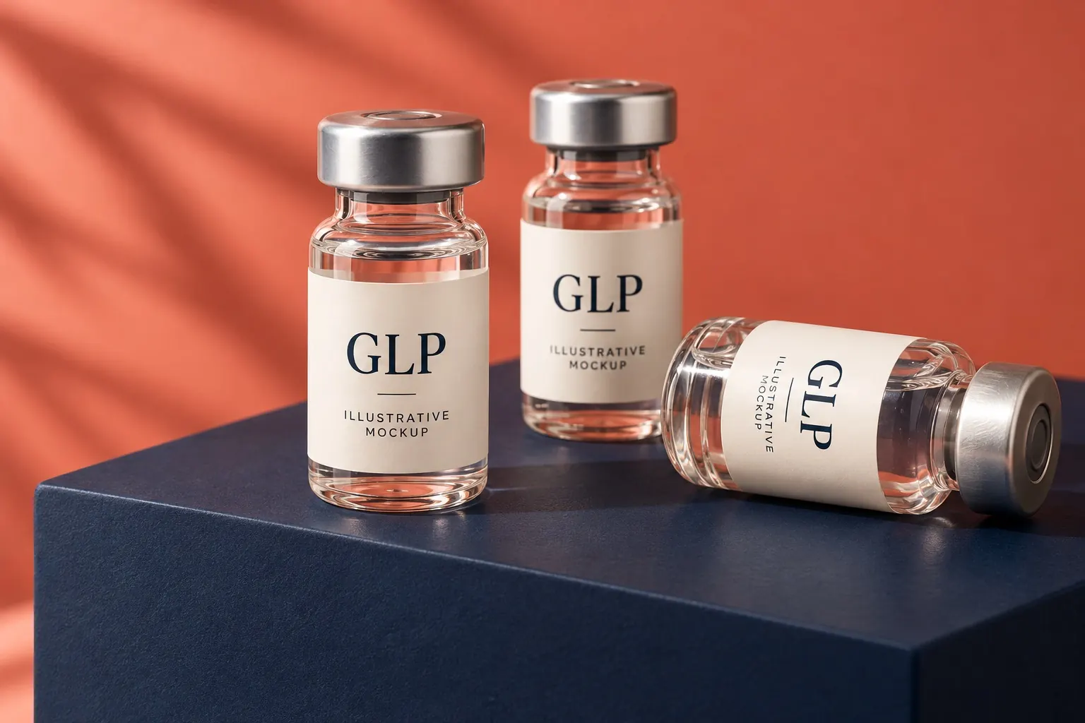 Illustrative GLP vial packaging on navy and coral surfaces