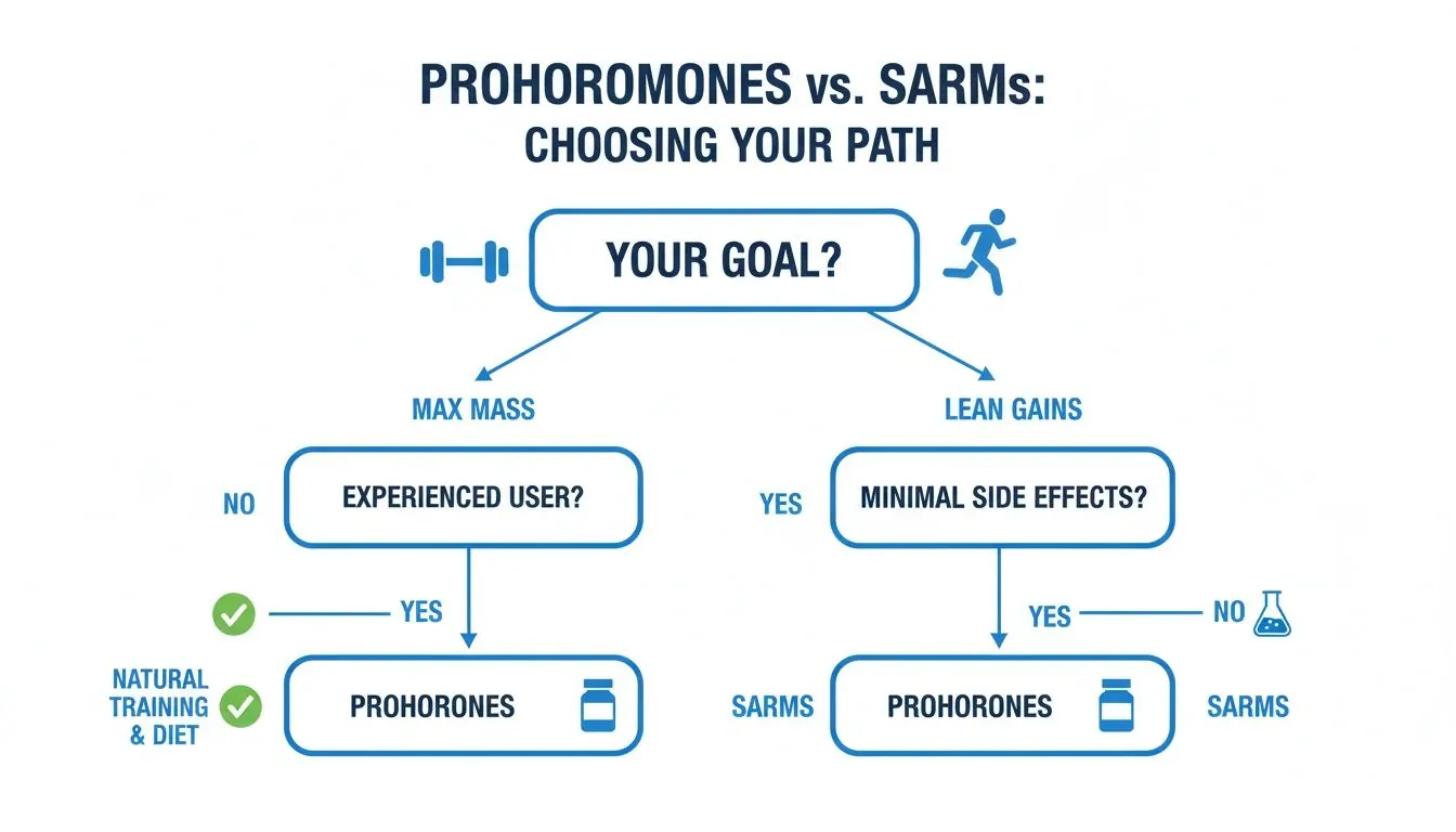 Flowchart guiding the choice between prohormones, SARMs, or natural training based on fitness goals.