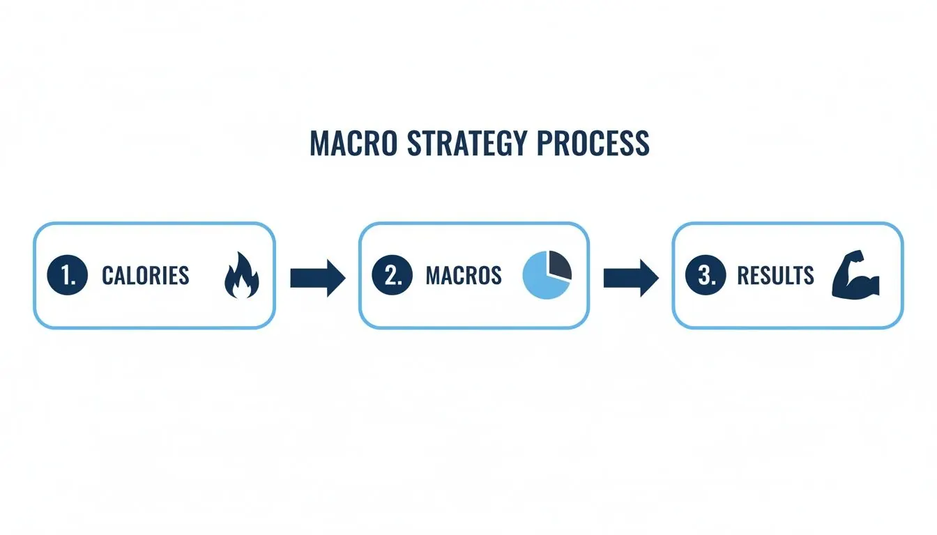 An infographic illustrating the Macro Strategy Process: Calories, Macros, and Fitness Results.