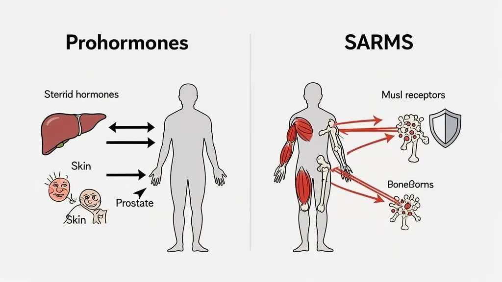 A diagram illustrating the different effects of Prohormones and SARMs on the human body, targeting various organs.