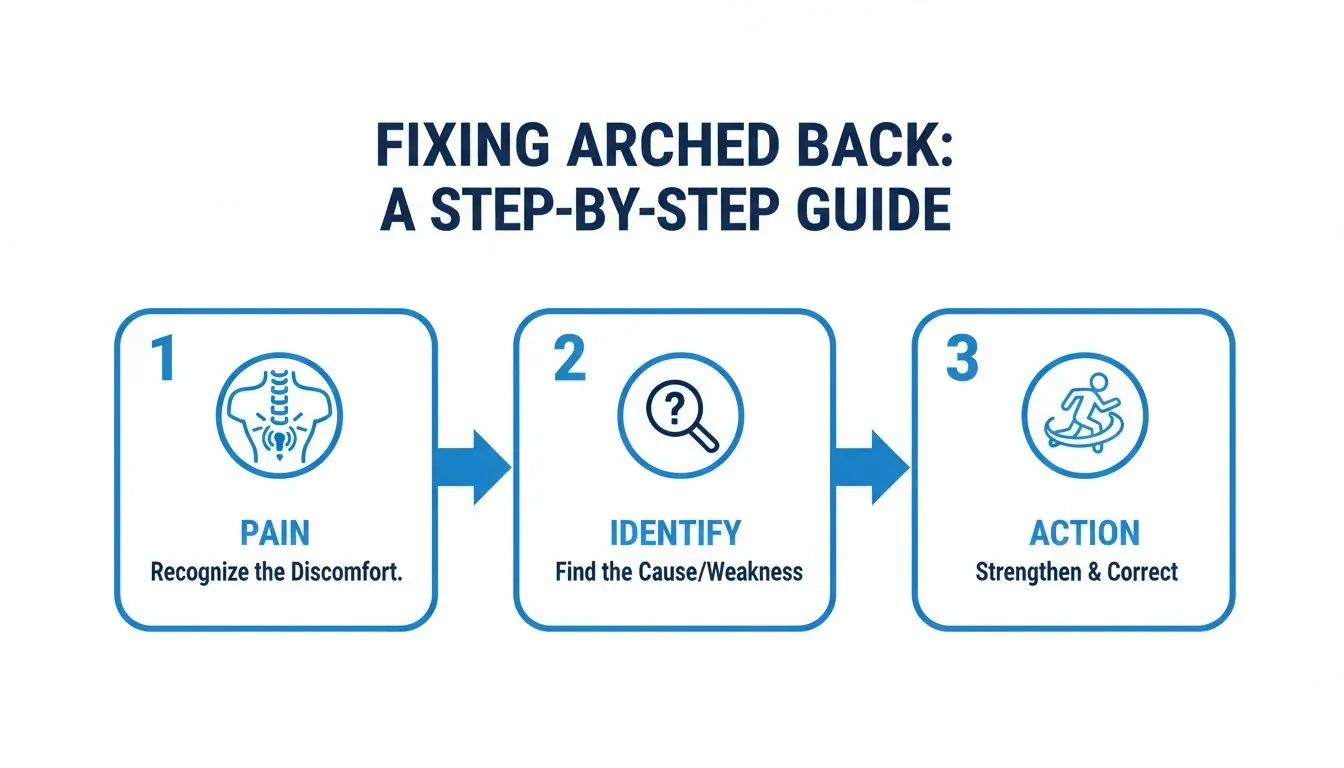 A step-by-step guide to fixing an arched back, illustrating pain recognition, cause identification, and corrective action.