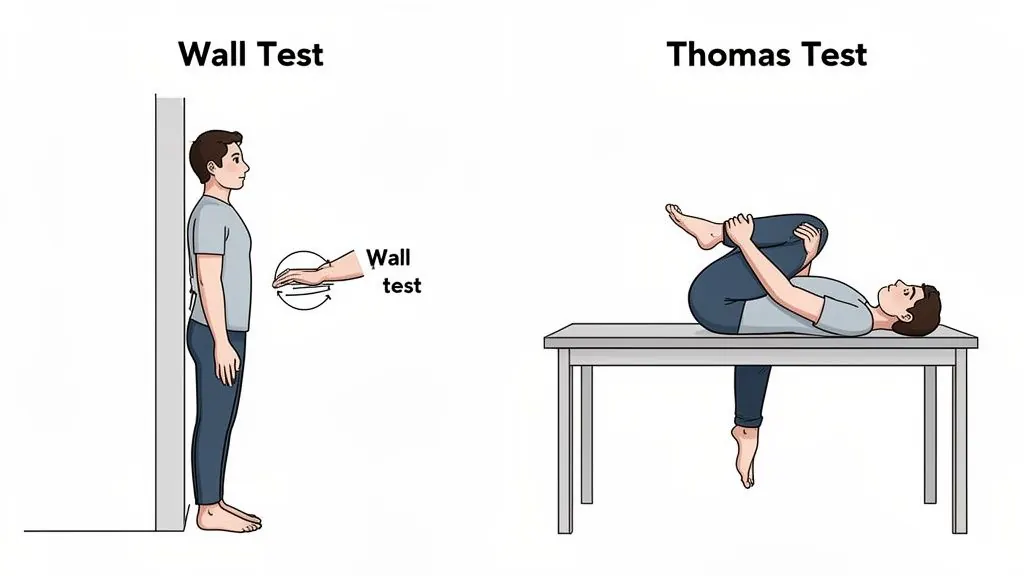 Illustrations of two physical assessment tests: the Wall Test for evaluating posture and the Thomas Test for hip flexor tightness.