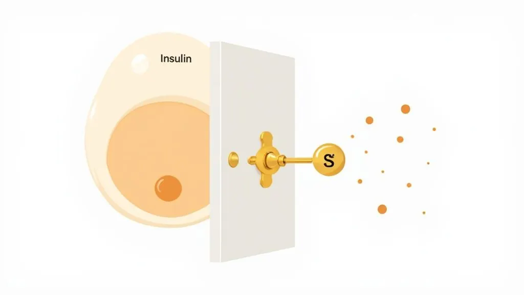 Illustration of insulin (white dot) unlocking a cell door with a key (marked S), allowing sugar (orange dots) to enter.