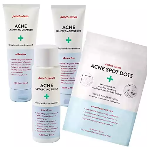 Peach Slices Acne Spot Dots, Exfoliating Toner, Clarifying Toner and Oil-Free Moisturizer Acne Fighting Bundle | Vegan and Cruelty-Free
