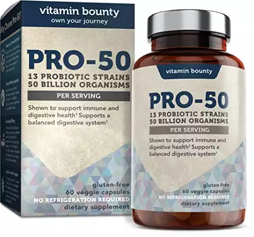 Vitamin Bounty Pro 50 Probiotics with 13 Probiotic Strains, Prebiotic Fermented Greens and Delayed Release Capsules, Probiotics for Women and Men, Digestive Health and Gut Health, 60 Capsules