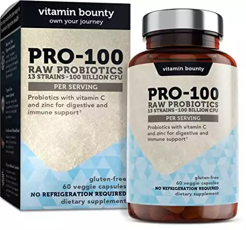 100 Billion CFU 13 Strains, Raw Probiotics with Vitamin C & Zinc for Immune Support, Gut & Digestive Health, with Delayed Release Embocaps - Pro-100 Vitamin Bounty
